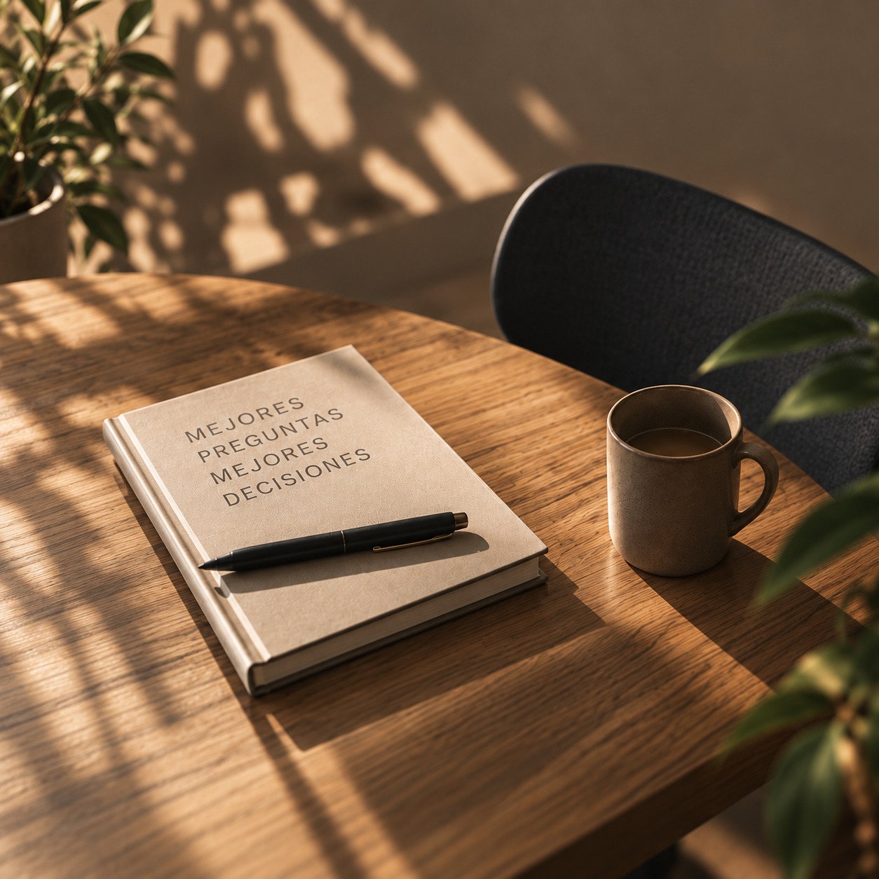 Un cuaderno con la leyenda «mejores preguntas, mejores decisiones» y una lapicera sobre una mesa de madera.