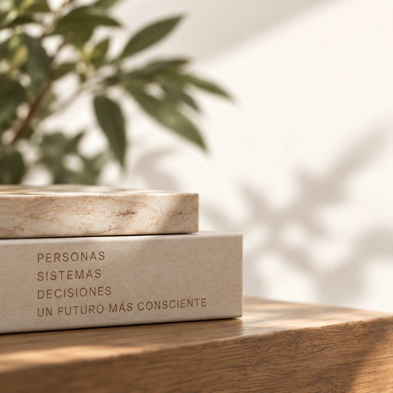 Libros apilados sobre una mesa de madera: personas, sistemas, decisiones, un futuro más consciente.