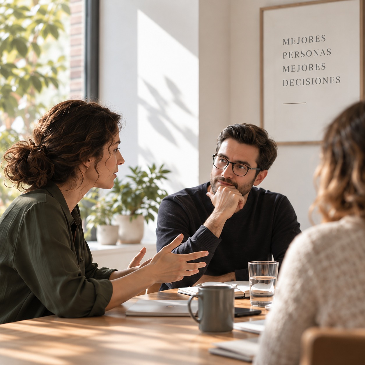 Tres personas conversando alrededor de una mesa en una oficina luminosa.