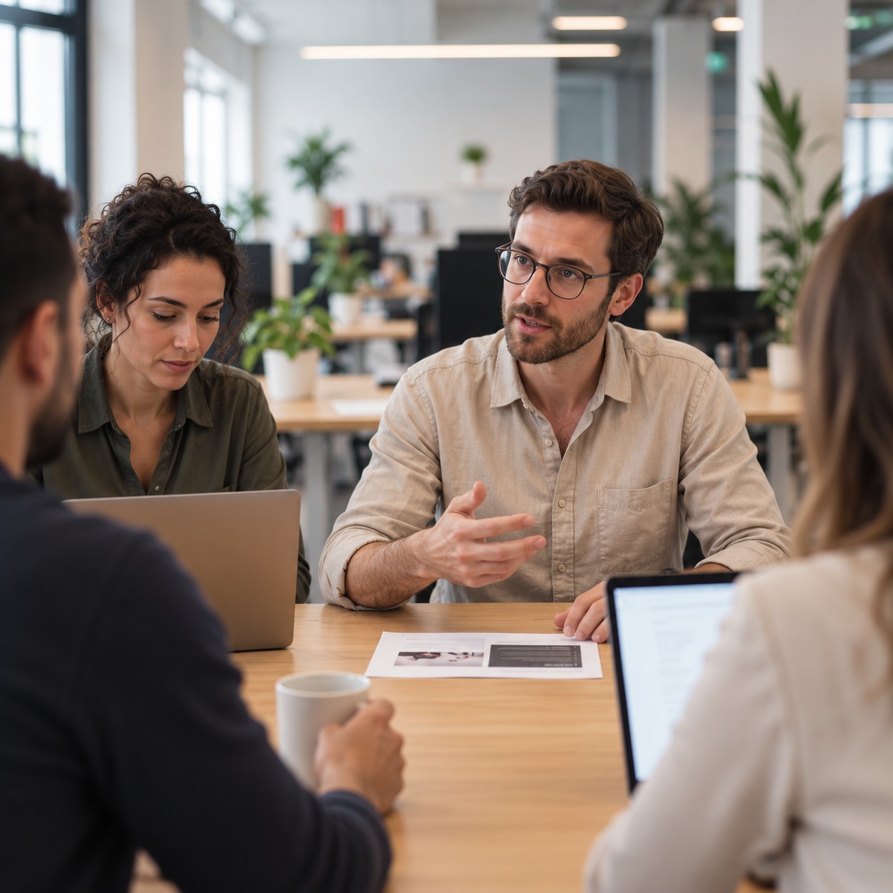Personas conversando alrededor de una mesa durante un encuentro de trabajo.